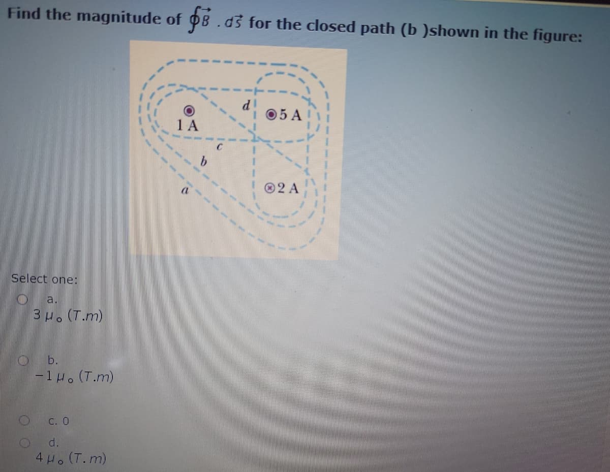 Find the magnitude of 0B.ds for the closed path (b )shown in the figure:
05 A
1 A
®2 A
Select one:
a.
3u. (T.m)
b.
-1 H. (T.m)
C. 0
d.
4Ho (T.m)
