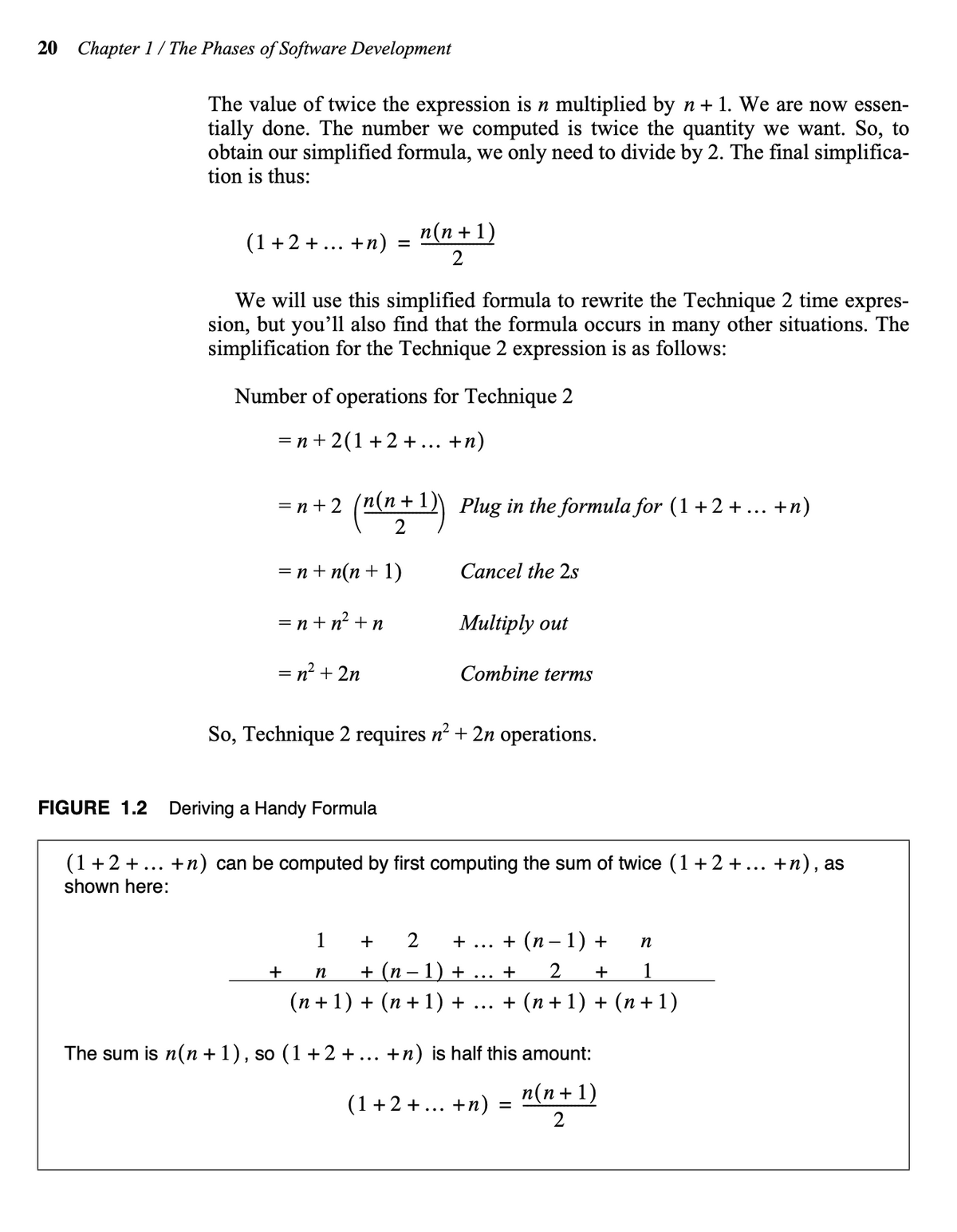 20 Chapter 1 / The Phases of Software Development
The value of twice the expression is n multiplied by n+ 1. We are now essen-
tially done. The number we computed is twice the quantity we want. So, to
obtain our simplified formula, we only need to divide by 2. The final simplifica-
tion is thus:
n(n + 1)
(1+2 + ... +n)
2
We will use this simplified formula to rewrite the Technique 2 time expres-
sion, but you'll also find that the formula occurs in many other situations. The
simplification for the Technique 2 expression is as follows:
Number of operations for Technique 2
=n+ 2(1 +2 +... +n)
= n+ 2 (n(n+ 1)) Plug in the formula for (1+2 +... +n)
— п+ n(n + 1)
Cancel the 2s
— п+ n +n
Multiply out
= n? + 2n
Combine terms
So, Technique 2 requires n? + 2n operations.
FIGURE 1.2 Deriving a Handy Formula
(1+2 +... +n) can be computed by first computing the sum of twice (1+2 +... +n), as
shown here:
1
+
+ ... + (n – 1) +
n
+ (n – 1) + ... +
(п +1) + (п+1) +
+
n
2
1
+ (п+1) + (п +1)
...
The sum is n(n + 1), so (1 +2 +... +n) is half this amount:
n(n+ 1)
(1 +2 +... +n)
2
