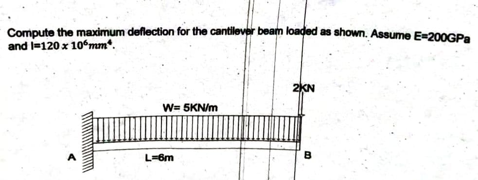 Compute the maximum deflection for the cantilever beam loaded as shown. Assume E=200GPa
and I=120 x 106mm*.
2KN
W= 5KN/m
A
B
L=6m