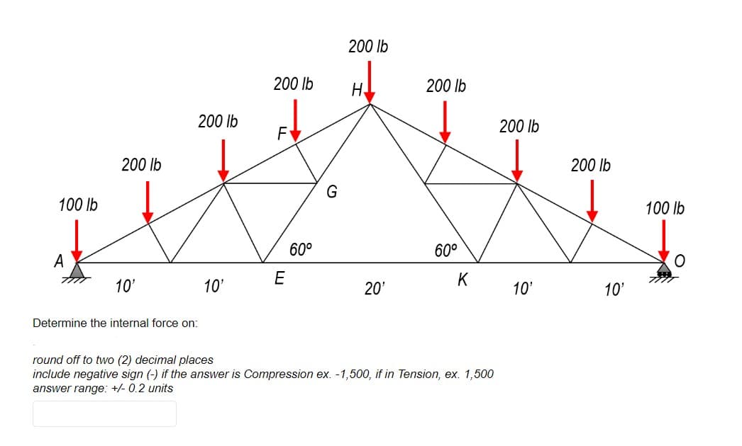 100 lb
200 lb
10'
200 lb
Determine the internal force on:
10'
200 lb
F
E
60°
200 lb
H
20'
200 lb
60°
K
round off to two (2) decimal places
include negative sign (-) if the answer is Compression ex. -1,500, if in Tension, ex. 1,500
answer range: +/- 0.2 units
200 lb
10'
200 lb
10'
100 lb
O