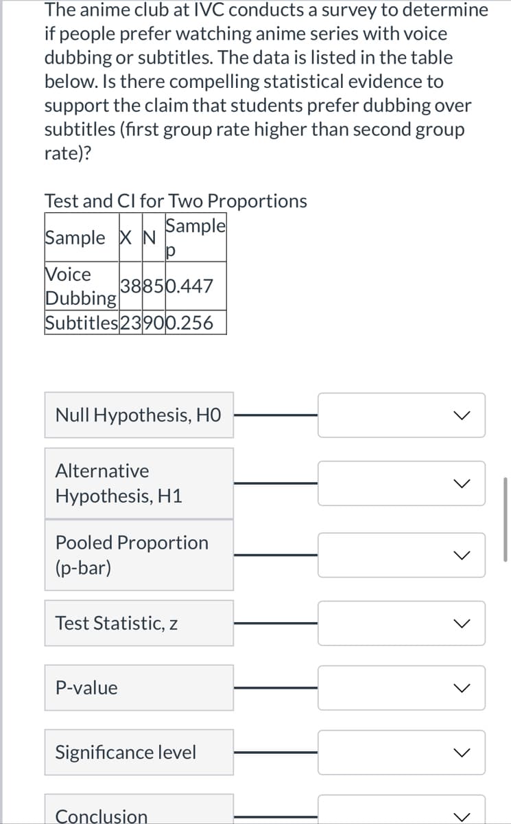 The anime club at IVC conducts a survey to determine
if people prefer watching anime series with voice
dubbing or subtitles. The data is listed in the table
below. Is there compelling statistical evidence to
support the claim that students prefer dubbing over
subtitles (first group rate higher than second group
rate)?
Test and Cl for Two Proportions
Sample
Sample x N
p
Voice
Dubbing
Subtitles23900.256
38850.447
Null Hypothesis, HO
Alternative
Hypothesis, H1
Pooled Proportion
(p-bar)
Test Statistic, z
P-value
Significance level
Conclusion
>
>
>
>
>
>
