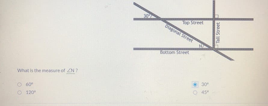 30
Top Street
Diagonal Street
Bottom Street
What is the measure of ZN ?
......
30°
45°
60°
O 120°
O O
Tall StreetP
