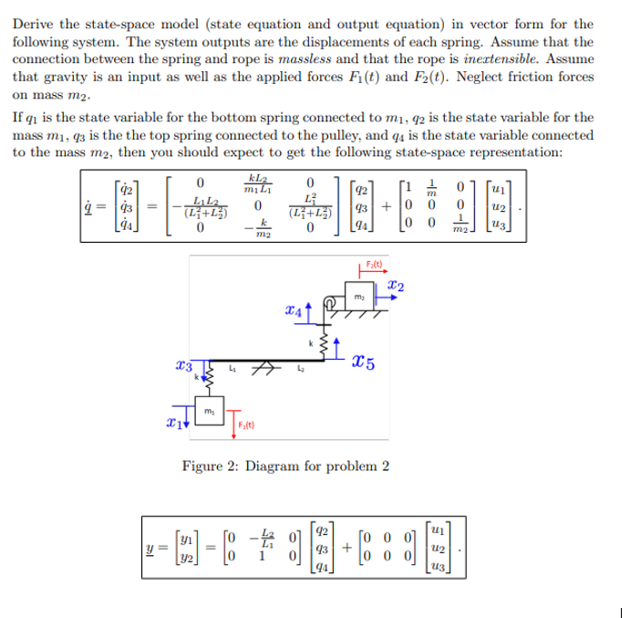 Derive the state-space model (state equation and output equation) in vector form for the
following system. The system outputs are the displacements of each spring. Assume that the
connection between the spring and rope is massless and that the rope is inextensible. Assume
that gravity is an input as well as the applied forces Fi(t) and F2(t). Neglect friction forces
on mass m₂.
If q₁ is the state variable for the bottom spring connected to m₁, q2 is the state variable for the
mass m₁, q3 is the the top spring connected to the pulley, and q4 is the state variable connected
to the mass m2, then you should expect to get the following state-space representation:
92
43
y
0
LaLa
(L+L)
0
4₂
kL₂
mi Li
0
m2
0
13
(L+L)
0
CA
=
- [8]
92
93 +
92
93 +
L94
m₂
F₂(t)
m₂
TOL
F₂(t)
Figure 2: Diagram for problem 2
X5
00
X2
[000]
00
U₁
U12
U13
m₂.
21
142
143