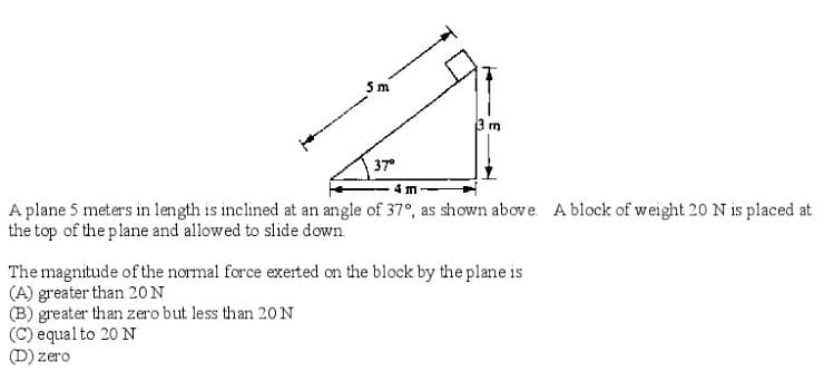 5m
3 m
4 m-
A plane 5 meters in length is inclined at an angle of 37°, as shown above. A block of weight 20 N is placed at
the top of the plane and allowed to slide down
The magnitude of the normal force exerted on the block by the plane is
(A) greater than 20N
(B) greater than zero but less than 20 N
(C) equalto 20 N
zero
