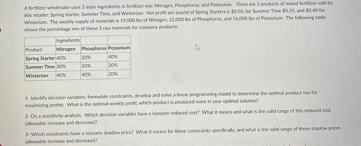 A fertilizer wholesaler uses 3 main ingredients in fertilizer mix: Nitrogen, Phosphorus, and Potassium. There are 3 products of mixed fertilizer sold by
this retailer: Spring starter, Summer Time, and Winterizer. Net profit per pound of Spring Starters is $0.50, for Summer Time $0.35, and $0.40 for
Winterizer. The weekly supply of materials is 19,000 lbs of Nitrogen, 22,000 lbs of Phosphorus, and 16,000 lbs of Potassium. The following table
shows the percentage mix of these 3 raw materials for company products:
Ingredients
Product
Nitrogen
Phosphorus Potassium
Spring Starter 40%
20%
40%
Summer Time 30%
Winterizer
50%
20%
40%
40%
20%
W
1- Identify decision variables, formulate constraints, develop and solve a linear programming model to determine the optimal product mix for
maximizing profits. What is the optimal weekly profit, which product is produced more in your optimal solution?
2- Do a sensitivity analysis. Which decision variables have a nonzero reduced cost? What it means and what is the valid range of this reduced cost
(allowable increase and decrease)?
3- Which constraints have a nonzero shadow price? What it means for these constraints specifically, and what is the valid range of these shadow prices
(allowable increase and decrease)?