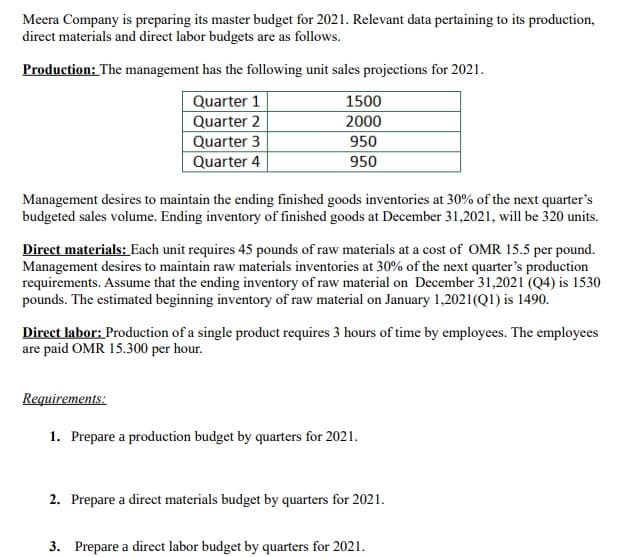 Meera Company is preparing its master budget for 2021. Relevant data pertaining to its production,
direct materials and direct labor budgets are as follows.
Production: The management has the following unit sales projections for 2021.
Quarter 1
1500
Quarter 2
2000
Quarter 3
950
Quarter 4
950
Management desires to maintain the ending finished goods inventories at 30% of the next quarter's
budgeted sales volume. Ending inventory of finished goods at December 31,2021, will be 320 units.
Direct materials: Each unit requires 45 pounds of raw materials at a cost of OMR 15.5 per pound.
Management desires to maintain raw materials inventories at 30% of the next quarter's production
requirements. Assume that the ending inventory of raw material on December 31,2021 (Q4) is 1530
pounds. The estimated beginning inventory of raw material on January 1,2021(QI) is 1490.
Direct labor: Production of a single product requires 3 hours of time by employees. The employees
are paid OMR 15.300 per hour.
Requirements:
1. Prepare a production budget by quarters for 2021.
2. Prepare a direct materials budget by quarters for 2021.
3. Prepare a direct labor budget by quarters for 2021.
