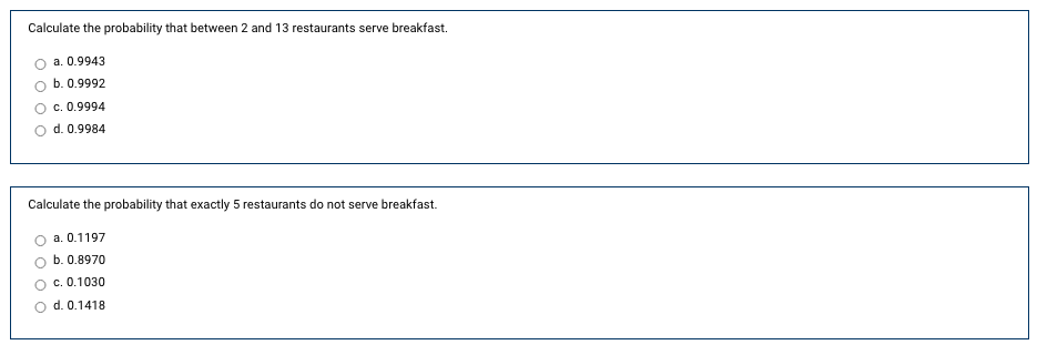 ### Probability Calculation Exercises

#### Question 1:
**Calculate the probability that between 2 and 13 restaurants serve breakfast.**

Choices:
- a. 0.9943
- b. 0.9992
- c. 0.9994
- d. 0.9984

##### Explanation:
This question requires you to assess the probability that the number of restaurants serving breakfast falls within a specified range (between 2 and 13).

#### Question 2:
**Calculate the probability that exactly 5 restaurants do not serve breakfast.**

Choices:
- a. 0.1197
- b. 0.8970
- c. 0.1030
- d. 0.1418

##### Explanation:
This question focuses on finding the probability that exactly 5 restaurants out of a certain number do not serve breakfast.

These exercises are designed to test your understanding of probability concepts, particularly those relevant to discrete probability distributions in various real-world contexts.