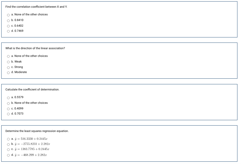 Find the correlation coefficient between X and Y.
a. None of the other choices
b. 0.8410
c. 0.6402
d. 0.7469
What is the direction of the linear association?
a. None of the other choices
b. Weak
c. Strong
d. Moderate
Calculate the coefficient of determination.
a. 0.5579
b. None of the other choices
c. 0.4099
d. 0.7073
Determine the least squares regression equation.
a. ý = 516.3330+0.2445r
b. ý = -2755.8231 + 2.282.r
c. ý = 1383.7785+0.2445r
d. ý
-468.299 + 2.282.r
