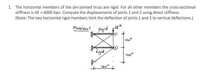 1. The horizontal members of the pin-jointed truss are rigid. For all other members the cross-sectional
stiffness is AE = 6000 kips. Compute the displacements of joints 1 and 2 using direct stiffness.
(Note: The two horizontal rigid members limit the deflection of joints 1 and 2 to vertical deflections.)
Problemt
eigid
15k
zigid
Izo"
* l6o"
