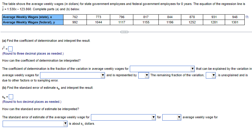 The table shows the average weekly wages (in dollars) for state government employees and federal government employees for 8 years. The equation of the regression line is
y = 1.530x-123.860. Complete parts (a) and (b) below.
Average Weekly Wages (state), x
Average Weekly Wages (federal), y
762
992
(a) Find the coefficient of determination and interpret the result.
2-0
(Round to three decimal places as needed.)
How can the coefficient of determination be interpreted?
773
1044
Se
(Round to two decimal places as needed.)
How can the standard error of estimate be interpreted?
The coefficient of determination is the fraction of the variation in average weekly wages for
average weekly wages for
and is represented by
due to other factors or to sampling error.
(b) Find the standard error of estimates and interpret the result.
796
1117
The standard error of estimate of the average weekly wage for
is about s dollars.
817
1155
844
1196
for
878
1252
The remaining fraction of the variation,
931
1281
that can be explained by the variation in
, is unexplained and is
948 Q
1301
average weekly wage for