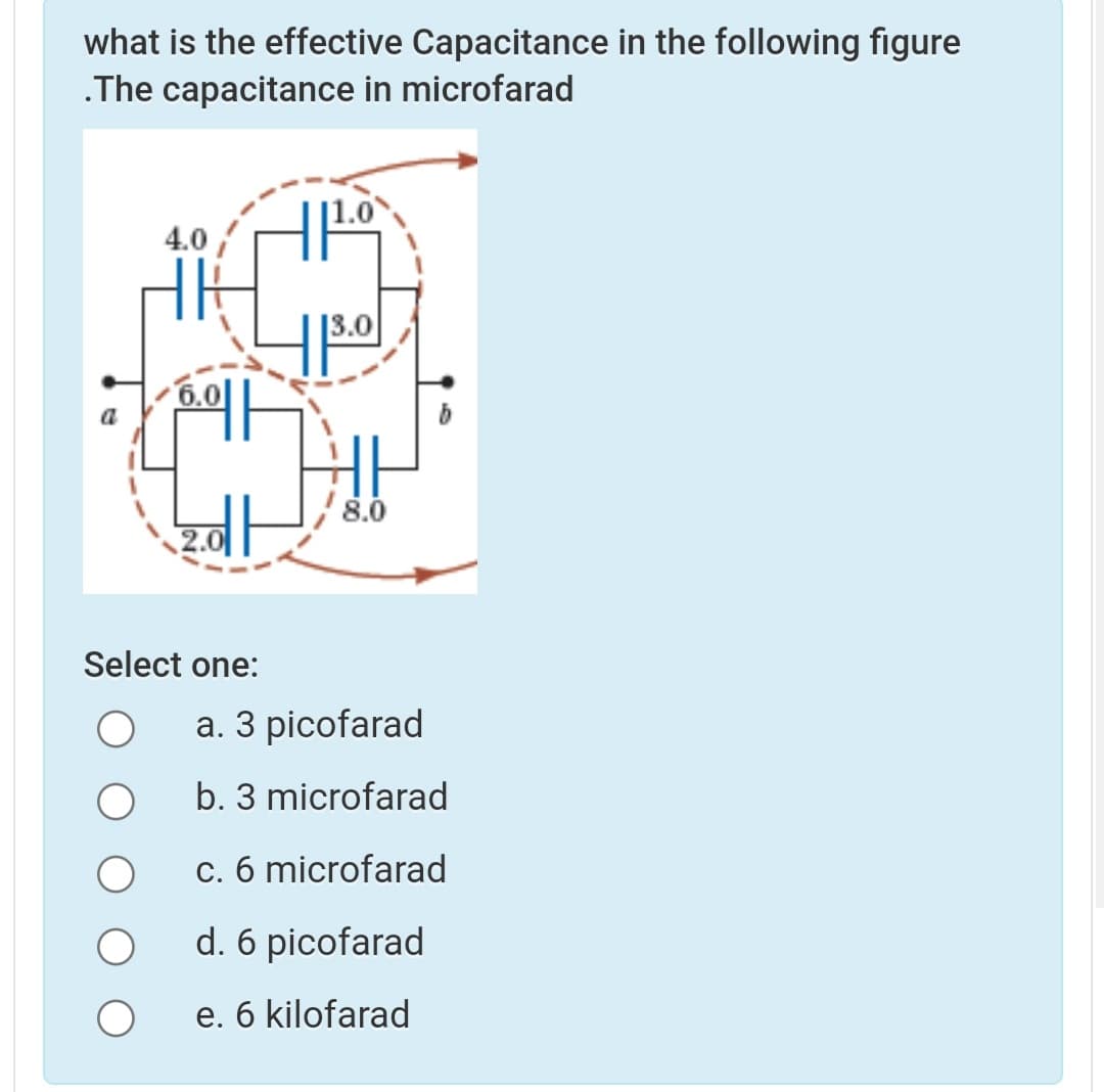 what is the effective Capacitance in the following figure
.The capacitance in microfarad
4.0
8.0
Select one:
a. 3 picofarad
b. 3 microfarad
c. 6 microfarad
d. 6 picofarad
e. 6 kilofarad
