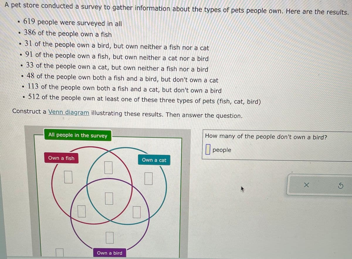 A pet store conducted a survey to gather information about the types of pets people own. Here are the results.
619 people were surveyed in all
386 of the people own a fish
31 of the people own a bird, but own neither a fish nor a cat
91 of the people own a fish, but own neither a cat nor a bird
33 of the people own a cat, but own neither a fish nor a bird
●
●
●
●
●
113 of the people own both a fish and a cat, but don't own a bird
512 of the people own at least one of these three types of pets (fish, cat, bird)
Construct a Venn diagram illustrating these results. Then answer the question.
48 of the people own both a fish and a bird, but don't own a cat
10
All people in the survey
Own a fish
0
Own a bird
Own a cat
ECHN
ROMAN
X
22
A
PARA
fr
A
ANAL
How many of the people don't own a bird?
people
3