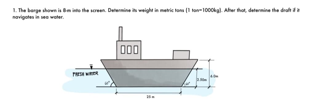 1. The barge shown is 8-m into the screen. Determine its weight in metric tons (1 ton=1000kg). After that, determine the draft if it
navigates in sea water.
00
FRESH WATER
6,0m
2.50m
25 m
