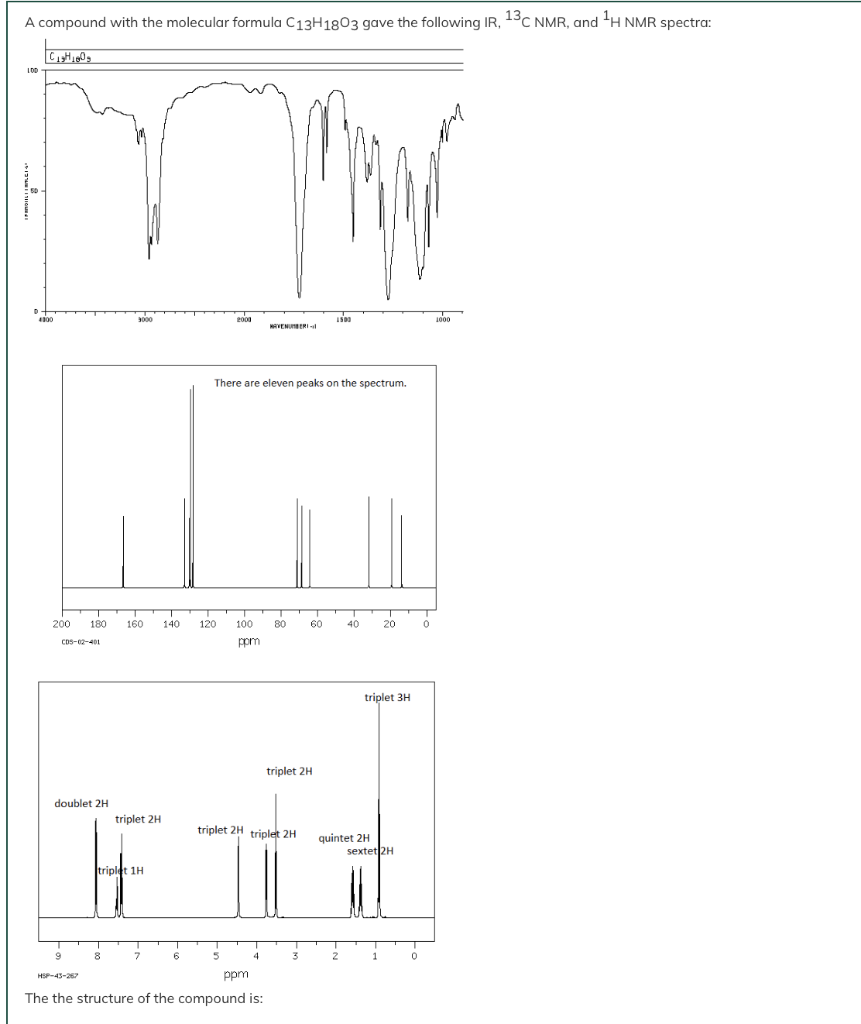 A compound with the molecular formula C13H1803 gave the following IR, 13C NMR, and ¹H NMR spectra:
C₁H00
LOD
4100
200
CDS-02-401
180 160 140
doublet 2H
9
HSP-43-267
triplet 2H
triplet 1H
8
6
2003
120 100
There are eleven peaks on the spectrum.
5
ppm
HAVENUMBER-
4
ppm
The the structure of the compound is:
triplet 2H triplet 2H
80
60
triplet 2H
1500
40
20
triplet 3H
quintet 2H
sextet 2H
1
0
0
1000