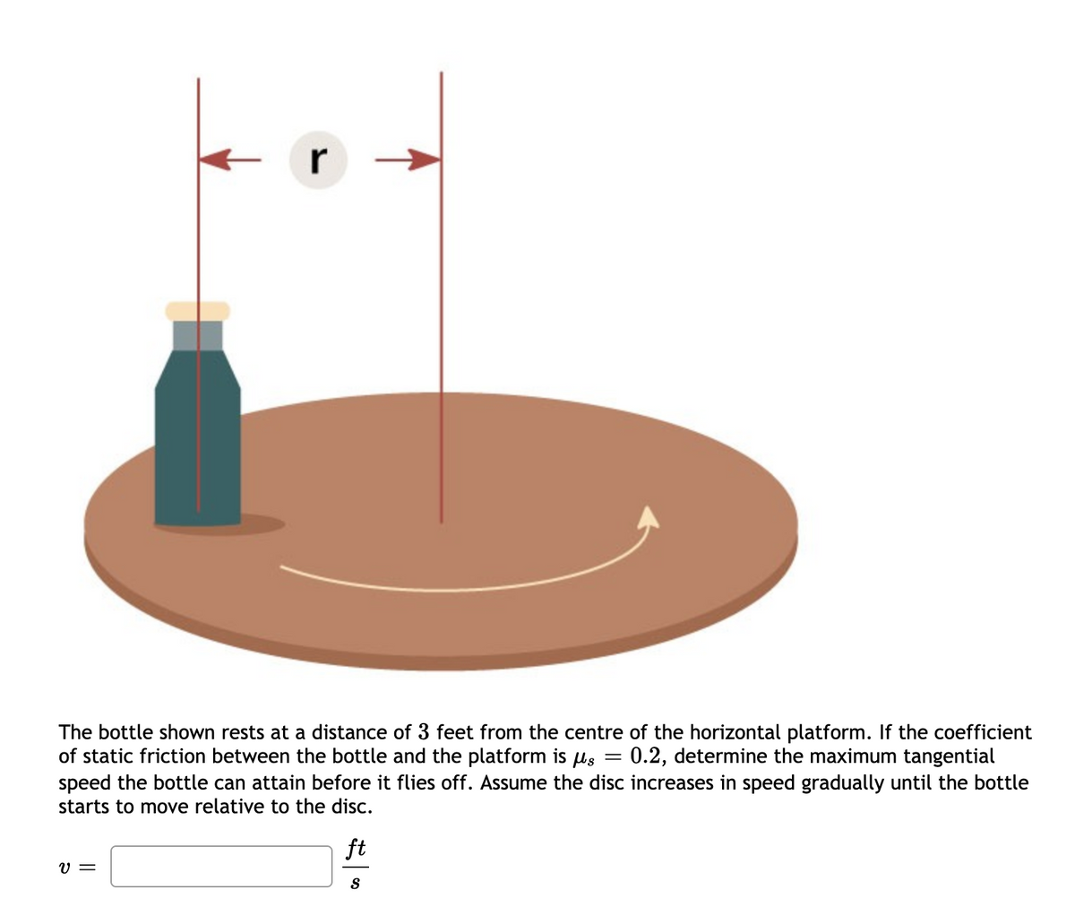 r
The bottle shown rests at a distance of 3 feet from the centre of the horizontal platform. If the coefficient
of static friction between the bottle and the platform is us
speed the bottle can attain before it flies off. Assume the disc increases in speed gradually until the bottle
starts to move relative to the disc.
0.2, determine the maximum tangential
ft
V =
S
