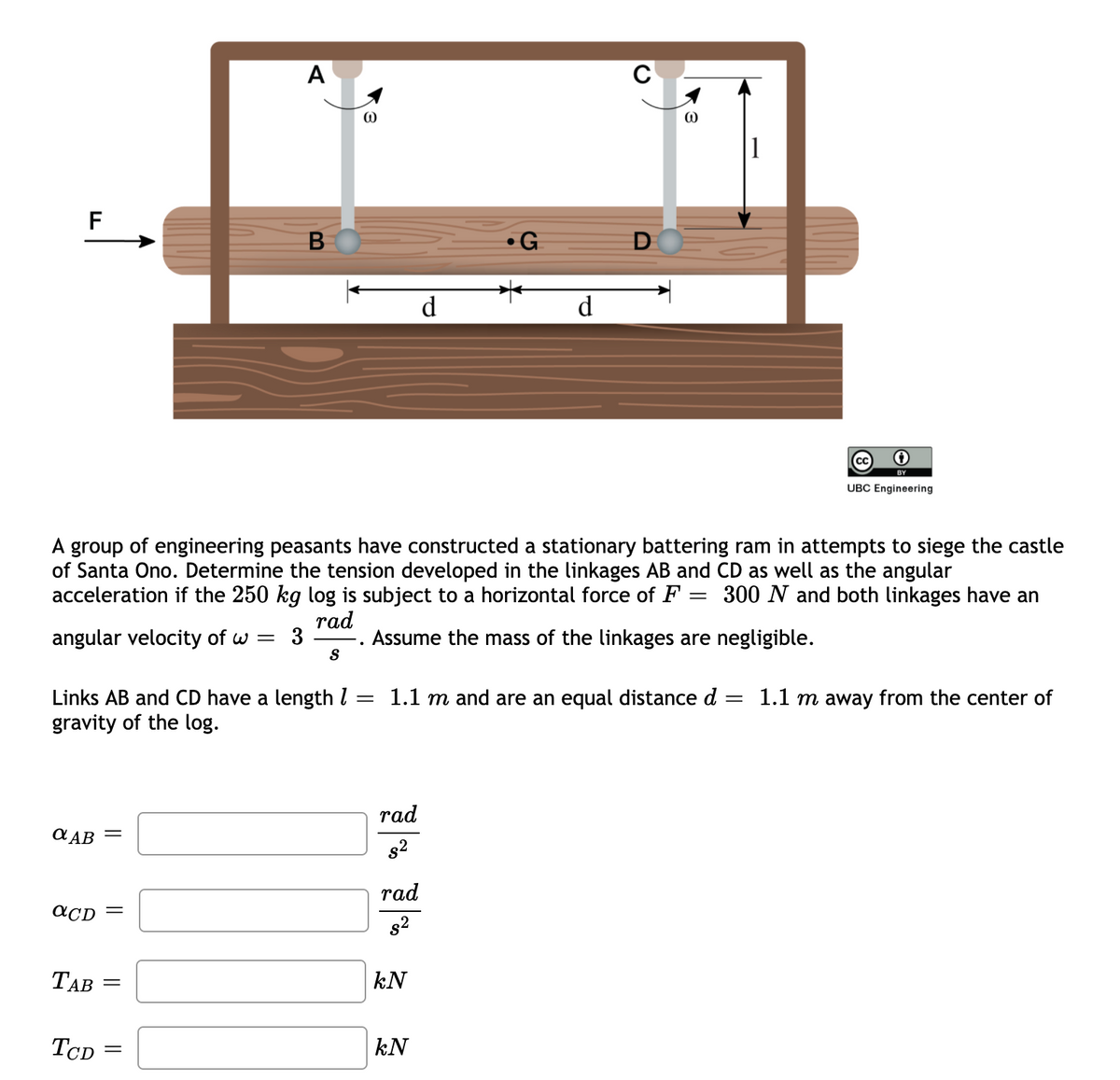 1
F
B
•G DO
d
d
UBC Engineering
A group of engineering peasants have constructed a stationary battering ram in attempts to siege the castle
of Santa Ono. Determine the tension developed in the linkages AB and CD as well as the angular
acceleration if the 250 kg log is subject to a horizontal force of F
300 N and both linkages have an
rad
Assume the mass of the linkages are negligible.
S
angular velocity of w = 3
1.1 m and are an equal distance d :
Links AB and CD have a length l
gravity of the log.
= 1.1 m away from the center of
rad
a AB
rad
aCD
s2
ТАВ
kN
TCD
kN
A
||
