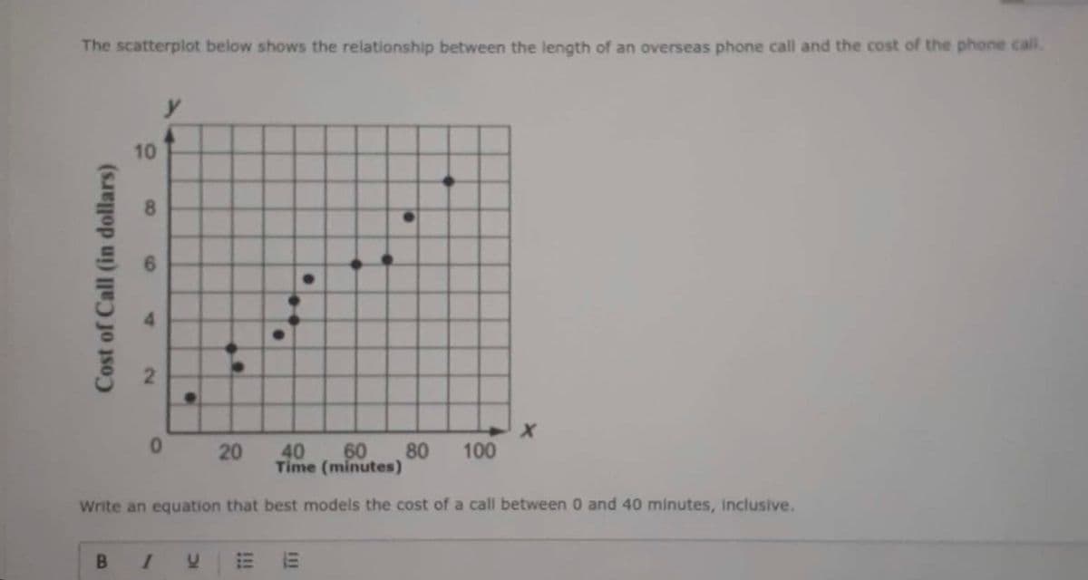 The scatterplot below shows the relationship between the length of an overseas phone call and the cost of the phone call.
y
10
4.
40
60
80
100
Time (minutes)
Write an equation that best models the cost of a call between 0 and 40 minutes, Inclusive.
!!!
20
8.
2.
Cost of Call (in dollars)
