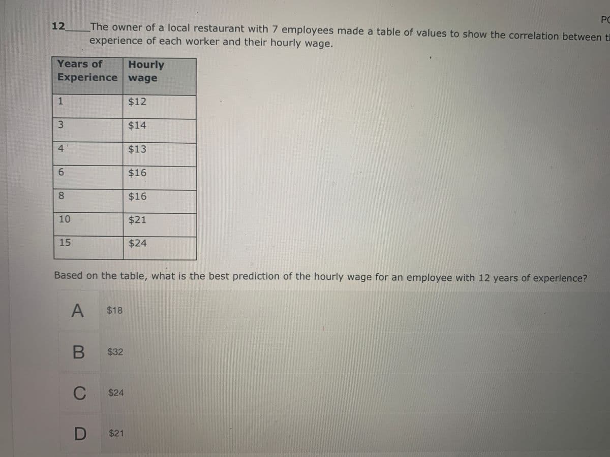 PC
12
The owner of a local restaurant with 7 employees made a table of values to show the correlation between th
experience of each worker and their hourly wage.
Years of
Hourly
Experience wage
$12
3
$14
4
$13
$16
8.
$16
10
$21
15
$24
Based on the table, what is the best prediction of the hourly wage for an employee with 12 years of experience?
$18
$32
$24
$21
%24
%24
C.
