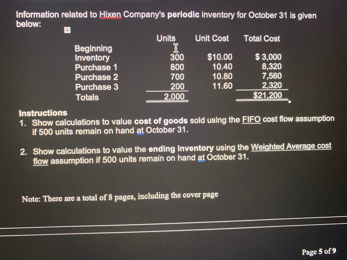 Information related to Hixen Company's periodic inventory for October 31 is given
below:
Units
Unit Cost
Total Cost
Beginning
Inventory
Purchase 1
Purchase 2
Purchase 3
$ 3,000
8,320
7,560
2,320
$21,200
300
$10.00
10.40
10.80
11.60
800
700
200
2,000
Totals
Instructions
1. Show calculations to value cost of goods sold using the FIFO cost flow assumption
if 500 units remain on hand at October 31.
2. Show calculations to value the ending inventory using the Weighted Average cost
flow assumption if 500 units remain on hand at October 31.
Note: There are a total of 8 pages, including the cover page
Page 5 of 9
