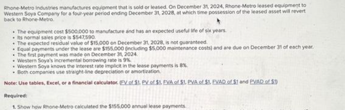 Rhone-Metro Industries manufactures equipment that is sold or leased. On December 31, 2024, Rhone-Metro leased equipment to
Western Soya Company for a four-year period ending December 31, 2028, at which time possession of the leased asset will revert
back to Rhone-Metro.
The equipment cost $500,000 to manufacture and has an expected useful life of six years.
Its normal sales price is $547,590.
The expected residual value of $15,000 on December 31, 2028, is not guaranteed.
Equal payments under the lease are $155.000 (including $5,000 maintenance costs) and are due on December 31 of each year.
The first payment was made on December 31, 2024.
Western Soya's incremental borrowing rate is 9%
Western Soya knows the interest rate implicit in the lease payments is 8%.
Both companies use straight-line depreciation or amortization.
Note: Use tables, Excel, or a financial calculator. (EV of $1. PV of $1, EVA of $1. PVA of $1. EVAD of $1 and PVAD of $1)
Required:
1. Show how Rhone-Metro calculated the $155,000 annual lease payments.