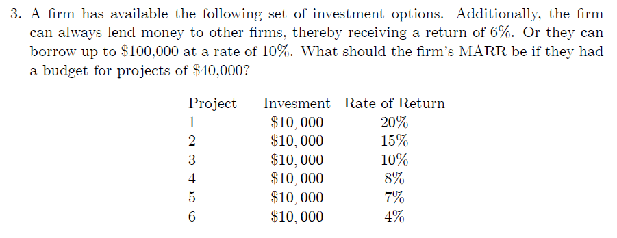 3. A firm has available the following set of investment options. Additionally, the firm
can always lend money to other firms, thereby receiving a return of 6%. Or they can
borrow up to $100,000 at a rate of 10%. What should the firm's MARR be if they had
a budget for projects of $40,000?
Project
1
2+ LO CO
3
4
5
6
Invesment Rate of Return
$10,000
$10,000
$10,000
$10,000
$10,000
$10,000
20%
15%
10%
8%
7%
4%