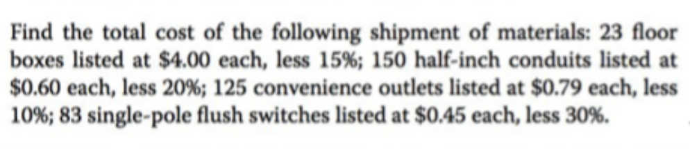 Find the total cost of the following shipment of materials: 23 floor
boxes listed at $4.00 each, less 15% ; 150 half-inch conduits listed at
$0.60 each, less 20% ; 125 convenience outlets listed at $0.79 each, less
10% ; 83 single-pole flush switches listed at $0.45 each, less 30%.