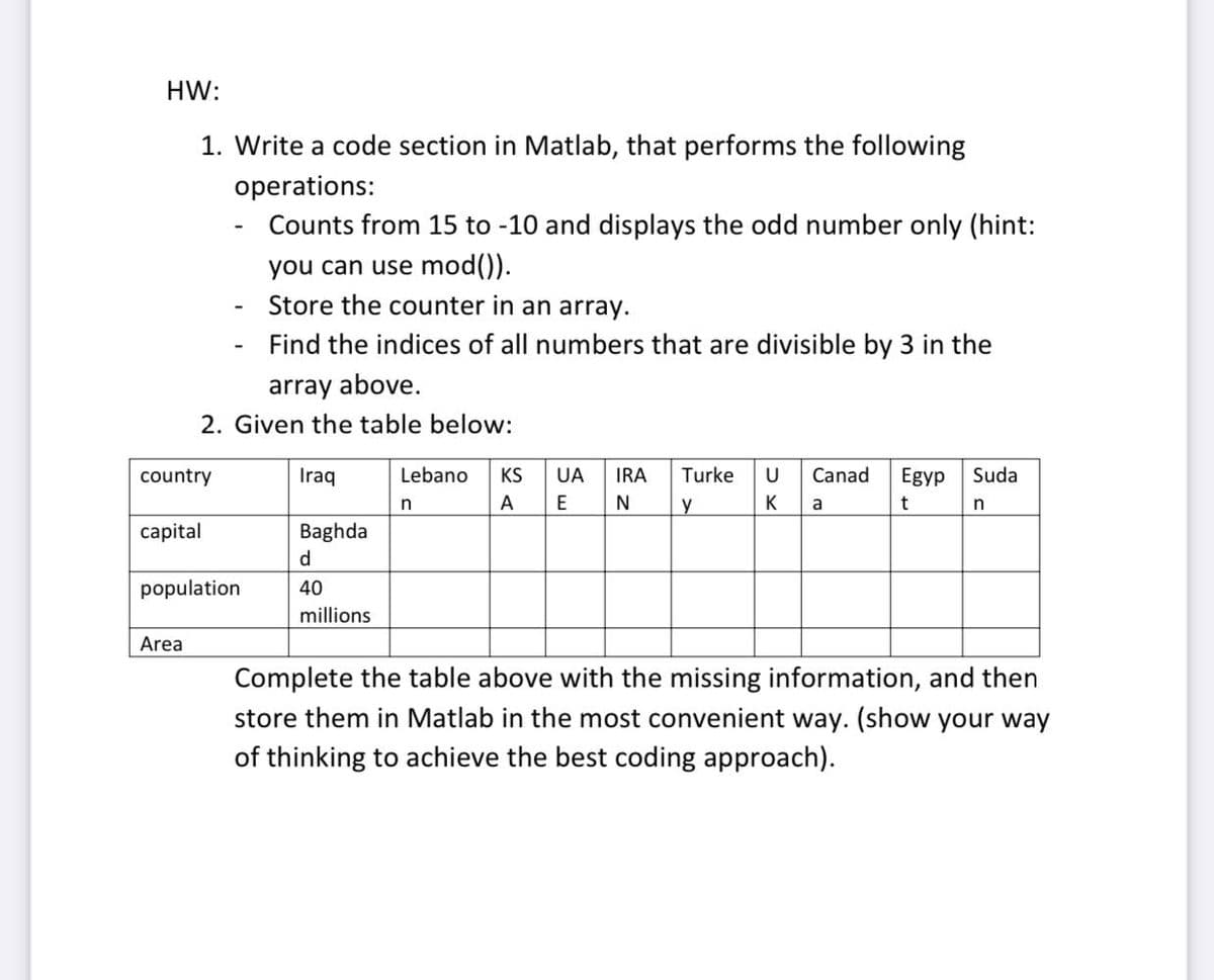 HW:
1. Write a code section in Matlab, that performs the following
operations:
Counts from 15 to -10 and displays the odd number only (hint:
you can use mod()).
Store the counter in an array.
Find the indices of all numbers that are divisible by 3 in the
array above.
2. Given the table below:
country
Iraq
Lebano
KS
UA
IRA
Turke
U
Canad
Egyp
Suda
in
A
E
y
K
a
n
capital
Baghda
d
population
40
millions
Area
Complete the table above with the missing information, and then
store them in Matlab in the most convenient way. (show your way
of thinking to achieve the best coding approach).
