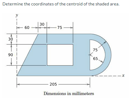 Determine the coordinates of the centroid of the shaded area.
y
30
60
75
30
75
90 I
65.
205
Dimensions in millimeters
