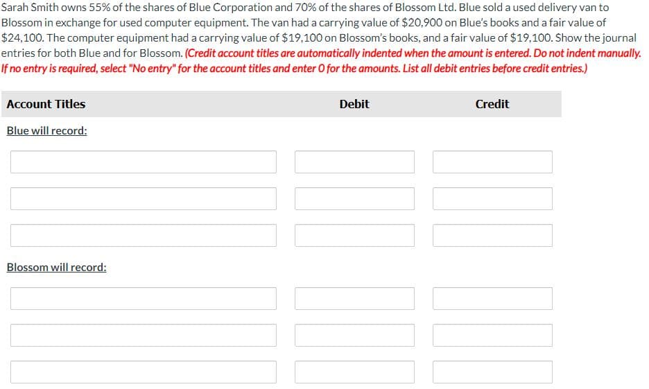 Sarah Smith owns 55% of the shares of Blue Corporation and 70% of the shares of Blossom Ltd. Blue sold a used delivery van to
Blossom in exchange for used computer equipment. The van had a carrying value of $20,900 on Blue's books and a fair value of
$24,100. The computer equipment had a carrying value of $19,100 on Blossom's books, and a fair value of $19,100. Show the journal
entries for both Blue and for Blossom. (Credit account titles are automatically indented when the amount is entered. Do not indent manually.
If no entry is required, select "No entry" for the account titles and enter O for the amounts. List all debit entries before credit entries.)
Account Titles
Blue will record:
Blossom will record:
Debit
Credit