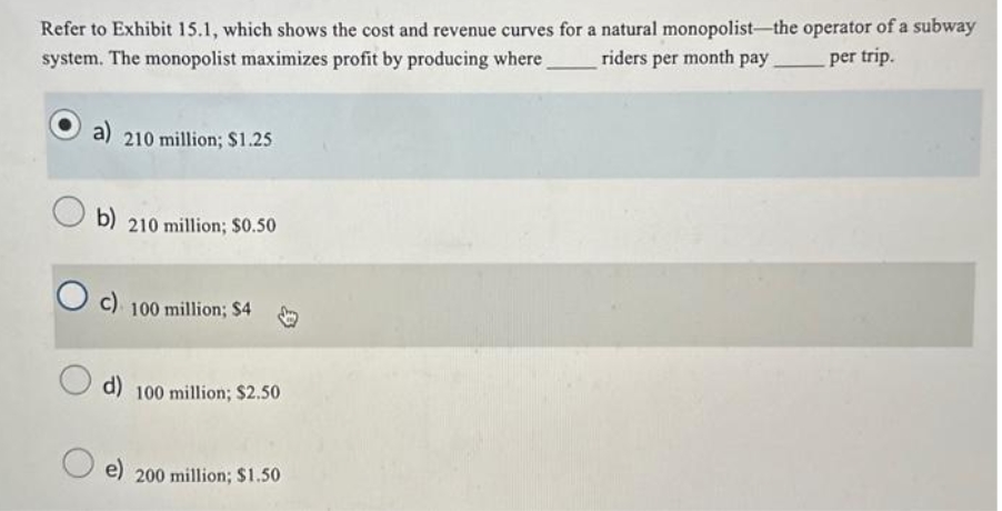 Refer to Exhibit 15.1, which shows the cost and revenue curves for a natural monopolist-the operator of a subway
riders per month pay
system. The monopolist maximizes profit by producing where
per trip.
a) 210 million; $1.25
b)
210 million; $0.50
c) 100 million; $4
d) 100 million; $2.50
e) 200 million; $1.50