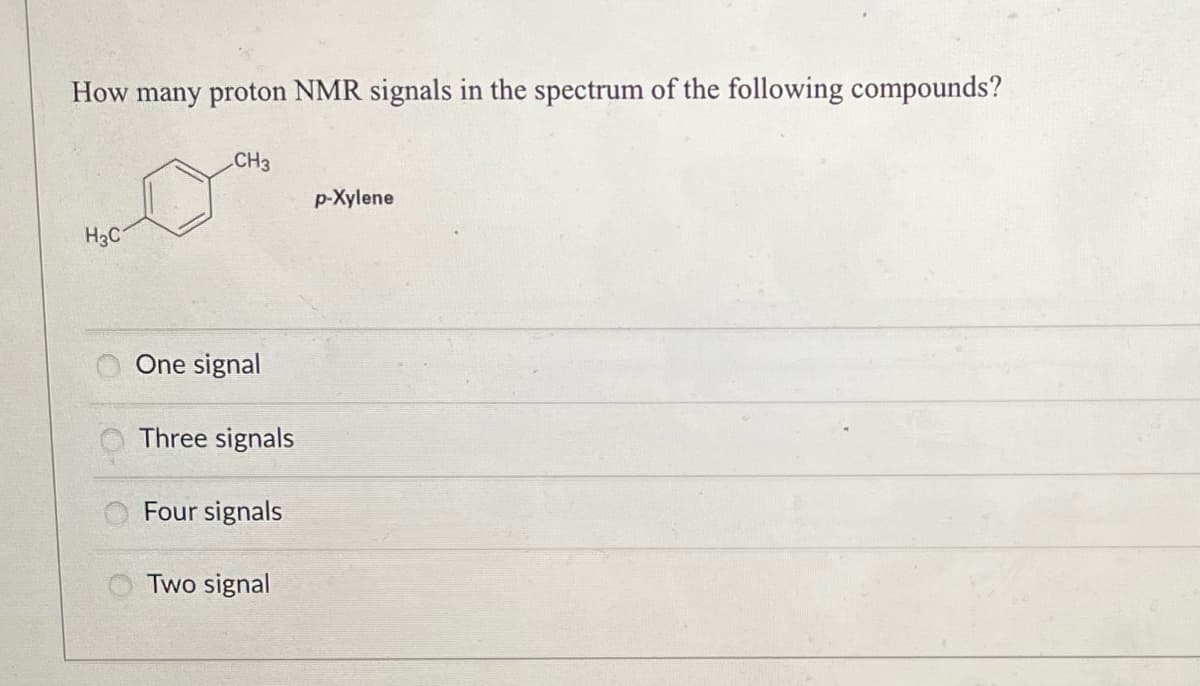 How many proton NMR signals in the spectrum of the following compounds?
H3C
CH3
One signal
Three signals
Four signals
Two signal
p-Xylene