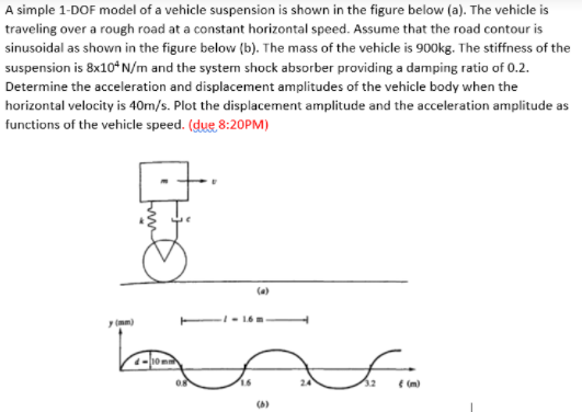 A simple 1-DOF model of a vehicle suspension is shown in the figure below (a). The vehicle is
traveling over a rough road at a constant horizontal speed. Assume that the road contour is
sinusoidal as shown in the figure below (b). The mass of the vehicle is 900kg. The stiffness of the
suspension is 8x10*N/m and the system shock absorber providing a damping ratio of 0.2.
Determine the acceleration and displacement amplitudes of the vehicle body when the
horizontal velocity is 40m/s. Plot the displacement amplitude and the acceleration amplitude as
functions of the vehicle speed. (due 8:20PM)
(a)
-- 16m
4-10 m
32
e (m)
(A)
