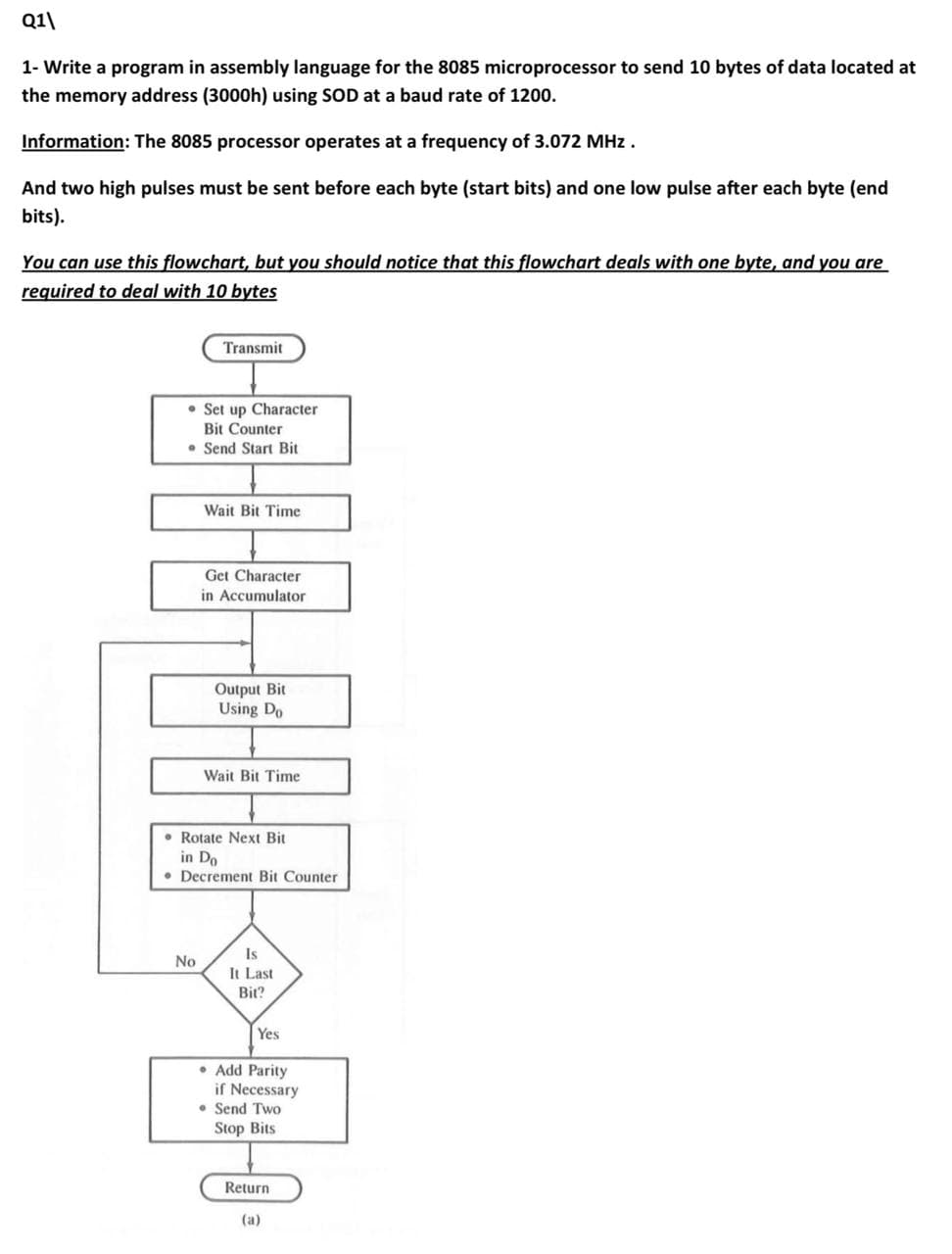 Q1\
1- Write a program in assembly language for the 8085 microprocessor to send 10 bytes of data located at
the memory address (3000h) using SOD at a baud rate of 1200.
Information: The 8085 processor operates at a frequency of 3.072 MHz.
And two high pulses must be sent before each byte (start bits) and one low pulse after each byte (end
bits).
You can use this flowchart, but you should notice that this flowchart deals with one byte, and you are
required to deal with 10 bytes
Transmit
No
Set up Character
Bit Counter
Send Start Bit
Wait Bit Time
Get Character
in Accumulator
Output Bit
Using Do
Wait Bit Time
Rotate Next Bit
in Do
Decrement Bit Counter
Is
It Last
Bit?
Yes
Add Parity
if Necessary
• Send Two
Stop Bits
Return
(a)