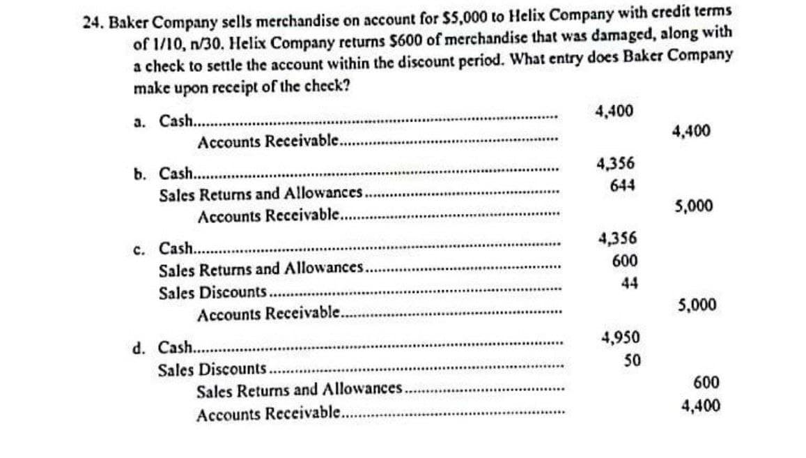 24. Baker Company sells merchandise on account for $5,000 to Helix Company with credit terms
of 1/10, n/30. Helix Company returns $600 of merchandise that was damaged, along with
a check to settle the account within the discount period. What entry does Baker Company
make upon receipt of the check?
a. Cash...
Accounts Receivable.
b. Cash......
Sales Returns and Allowances.
Accounts Receivable.
c. Cash......
Sales Returns and Allowances.
Sales Discounts.
Accounts Receivable.
d. Cash......
Sales Discounts..
Sales Returns and Allowances.
Accounts Receivable....
4,400
4,356
644
4,356
600
44
4,950
50
4,400
5,000
5,000
600
4,400