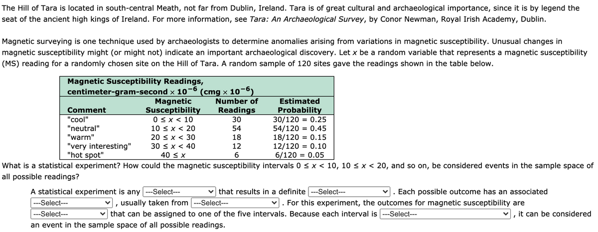 The Hill of Tara is located in south-central Meath, not far from Dublin, Ireland. Tara is of great cultural and archaeological importance, since it is by legend the
seat of the ancient high kings of Ireland. For more information, see Tara: An Archaeological Survey, by Conor Newman, Royal Irish Academy, Dublin.
Magnetic surveying is one technique used by archaeologists to determine anomalies arising from variations in magnetic susceptibility. Unusual changes in
magnetic susceptibility might (or might not) indicate an important archaeological discovery. Let x be a random variable that represents a magnetic susceptibility
(MS) reading for a randomly chosen site on the Hill of Tara. A random sample of 120 sites gave the readings shown in the table below.
Magnetic Susceptibility Readings,
centimeter-gram-second x 10-6
Magnetic
Susceptibility
0 < x < 10
10 < x < 20
20 < x < 30
(cmg x 10-6)
Number of
Estimated
Comment
Readings
30
Probability
0.25
"cool"
30/120
54/120 = 0.45
18/120 = 0.15
= 0.10
"neutral"
54
"warm"
18
12/120
6/120 = 0.05
What is a statistical experiment? How could the magnetic susceptibility intervals 0 <x < 10, 10 < x < 20, and so on, be considered events in the sample space of
"very interesting"
"hot spot"
30 < x < 40
12
40 < X
all possible readings?
A statistical experiment is any ---Select---
that results in a definite ---Select---
Each possible outcome has an associated
usually taken from ---Select---
v that can be assigned to one of the five intervals. Because each interval is ---Select---
---Select---
For this experiment, the outcomes for magnetic susceptibility are
---Select---
it can be considered
an event in the sample space of all possible readings.
