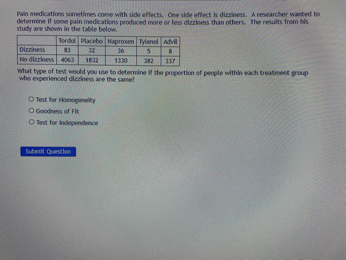 Pain medications sometimes come with side effects. One side effect is dizziness. A researcher wanted to
determine if some pain medications produced more or less dizziness than others. The results from his
study are shown in the table below,
Tordol Placeb0 Naproxen Tylenol Advil
Dizziness
83
32
36
8
No dizziness 4063
1832
1330
382
337
What type of test would you use to determine if the proportion of people within each treatment group
who experienced dizziness are the same?
O Test for Homogeneity
O Goodness of Fit
O Test for Independence
Submit Question
