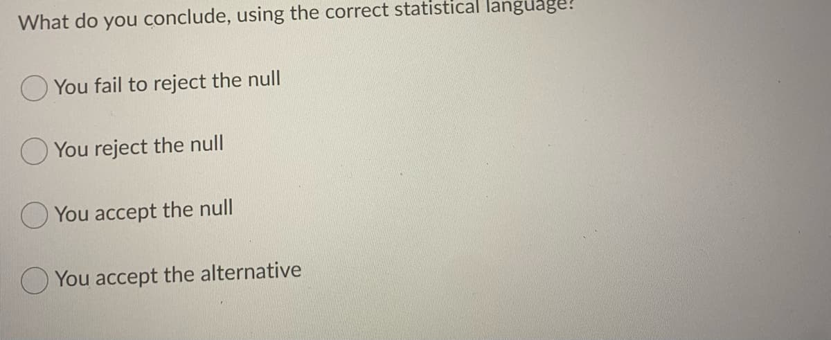 What do you conclude, using the correct statistical language!
You fail to reject the null
You reject the null
O You accept the null
You accept the alternative
