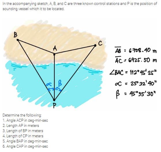 In the accompanying sketch, A, B, and C are three known control stations and P is the position of
sounding vessel which it to be located.
B
A
AB = 6708.40 m
AC = 6925. 50 m
ZBAC = 112°45' 25"
%3!
C = 25°32'40"
: 45°35'30"
Determine the following:
1. Angle ACP in deg-min-sec
2. Length AP in meters
3. Length of BP in meters
4. Length of CP in meters
5. Angle BAP in deg-min-sec
6. Angle CAP in deg-min-sec
