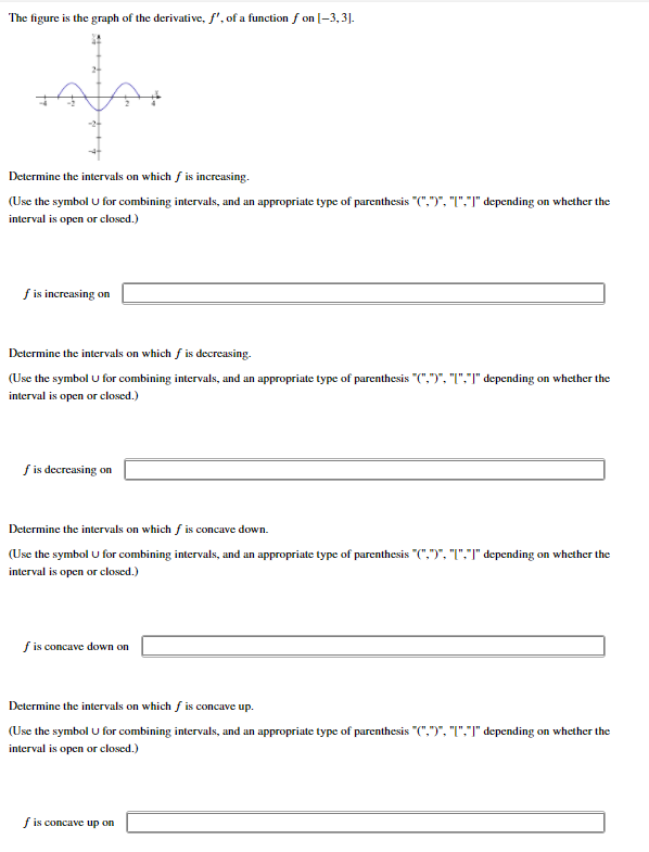 The figure is the graph of the derivative, f', of a function f on [-3,3].
Determine the intervals on which f is increasing.
(Use the symbol U for combining intervals, and an appropriate type of parenthesis "(",")", "I"."T" depending on whether the
interval is open or closed.)
f is increasing on
Determine the intervals on which f is decreasing.
(Use the symbol U for combining intervals, and an appropriate type of parenthesis "(",")", "I","]" depending on whether the
interval is open or closed.)
f is decreasing on
Determine the intervals on which f is concave down.
(Use the symbol U for combining intervals, and an appropriate type of parenthesis "(",")", "T"."]" depending on whether the
interval is open or closed.)
f is concave down on
Determine the intervals on which f is concave up.
(Use the symbol U for combining intervals, and an appropriate type of parenthesis "(",")", "I"."]" depending on whether the
interval is open or closed.)
f is concave up on
