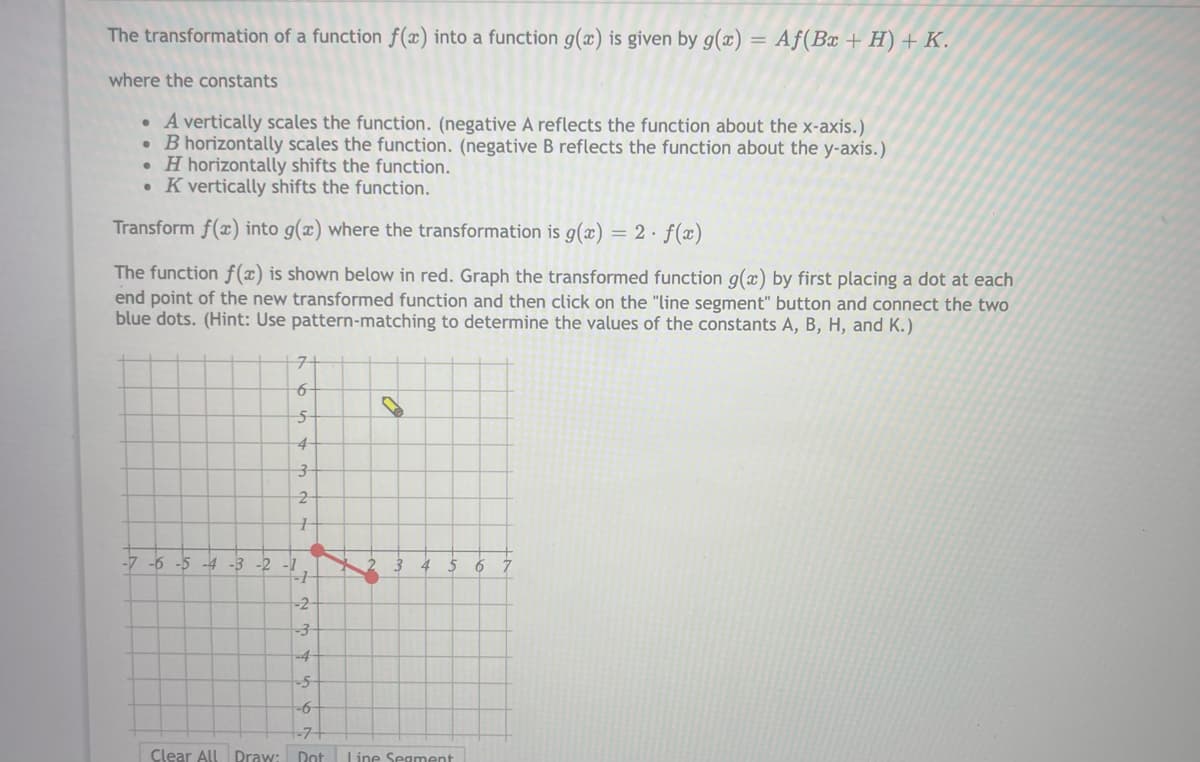 The transformation of a function f(x) into a function g(x) is given by g(x) = Aƒ(Bx + H) + K.
where the constants
• A vertically scales the function. (negative A reflects the function about the x-axis.)
• B horizontally scales the function. (negative B reflects the function about the y-axis.)
• H horizontally shifts the function.
• K vertically shifts the function.
Transform f(x) into g(x) where the transformation is g(x) = 2· f(x)
The function f(x) is shown below in red. Graph the transformed function g(x) by first placing a dot at each
end point of the new transformed function and then click on the "line segment" button and connect the two
blue dots. (Hint: Use pattern-matching to determine the values of the constants A, B, H, and K.)
4-
2-
-7 -6 -5 -4 -3 -2
-1
4
-2
-3-
-4-
-5-
-6
-7
Clear All Draw: Dot Line Segment
