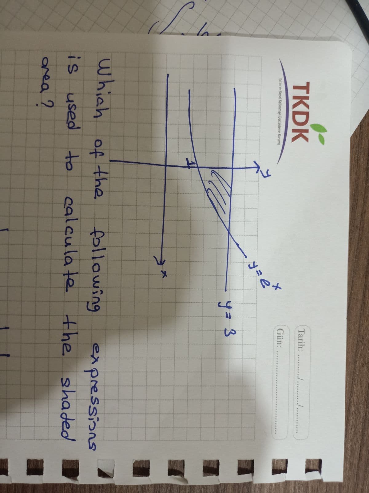 TKDK
Tarih: .............
..
Tanm ve Kırsal Kalkınmayı Destekleme Kurumu
Gün:
y=e
y= 3
which of the
following
calculate the shaded
expressions
is used to
area ?
