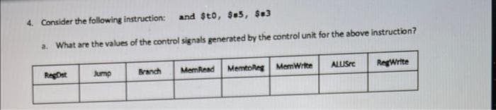 4. Consider the following instruction:
and $t0, $e5, $3
a. What are the values of the control signals generated by the control unit for the above instruction?
RegDst
Jump
Branch
MemRead
MemtoReg MemWrite
ALUSrc
RegWrite
