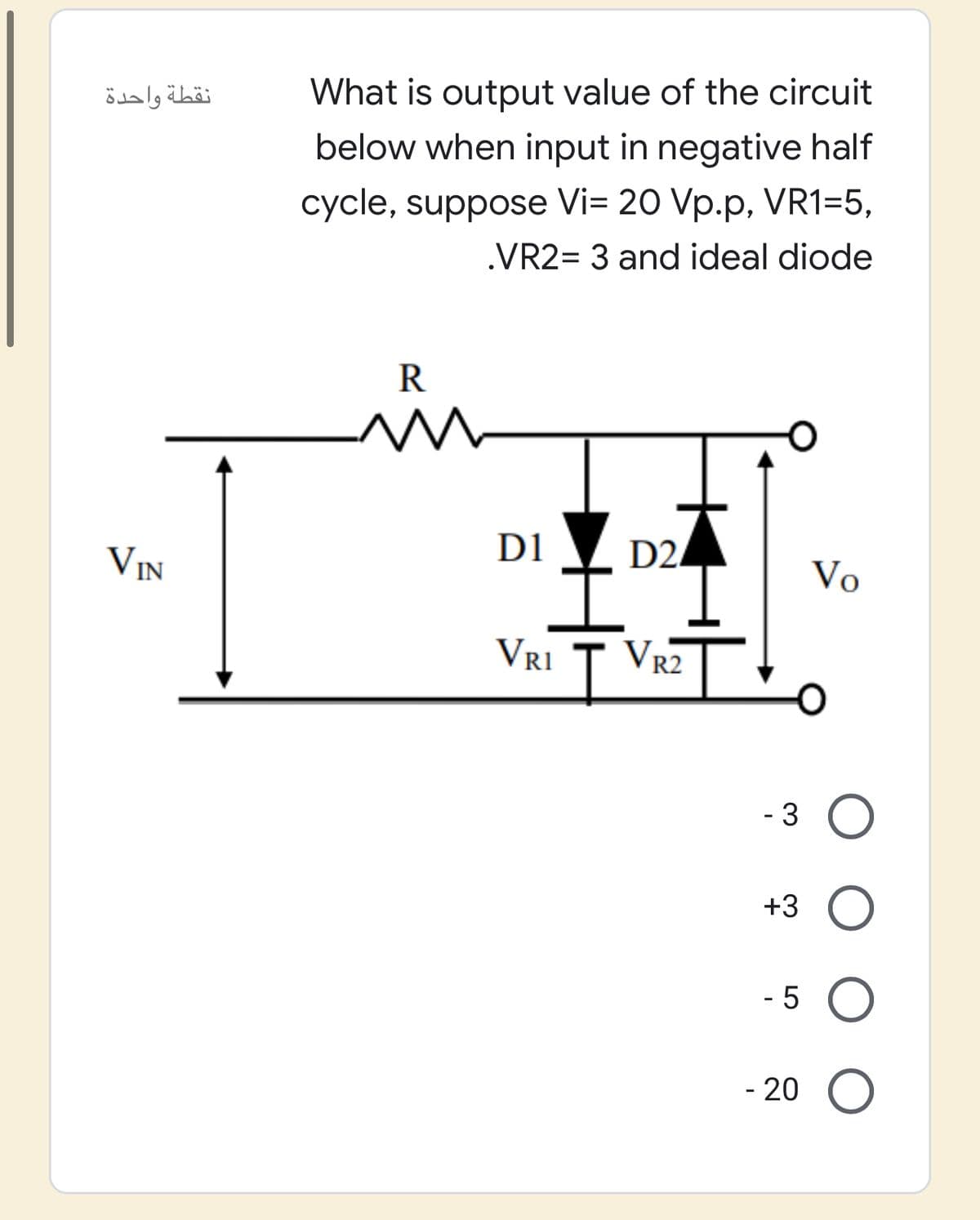 نقطة واحدة
What is output value of the circuit
below when input in negative half
cycle, suppose Vi= 20 Vp.p, VR1=5,
.VR2= 3 and ideal diode
R
D1
D24
VIN
Vo
VRI I
T VR2
- 3
+3 O
- 5
- 20
