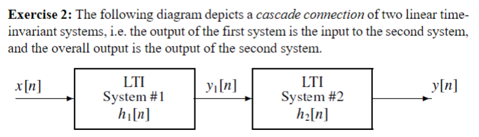 Exercise 2: The following diagram depicts a cascade connection of two linear time-
invariant systems, i.e. the output of the first system is the input to the second system,
and the overall output is the output of the second system.
x[n]
yı[n]
LTI
System #1
h₁[n]
LTI
System #2
h₂[n]
y[n]