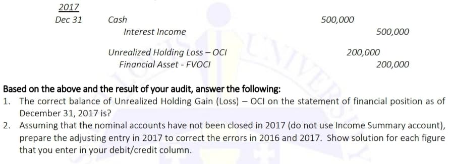 2017
500,000
Dec 31
Cash
500,000
Interest Income
IVE
200,000
Unrealized Holding Loss – OCI
200,000
Financial Asset - FVOCI
Based on the above and the result of your audit, answer the following:
1. The correct balance of Unrealized Holding Gain (Loss) – OCI on the statement of financial position as of
December 31, 2017 is?
2. Assuming that the nominal accounts have not been closed in 2017 (do not use Income Summary account),
prepare the adjusting entry in 2017 to correct the errors in 2016 and 2017. Show solution for each figure
that you enter in your debit/credit column.
