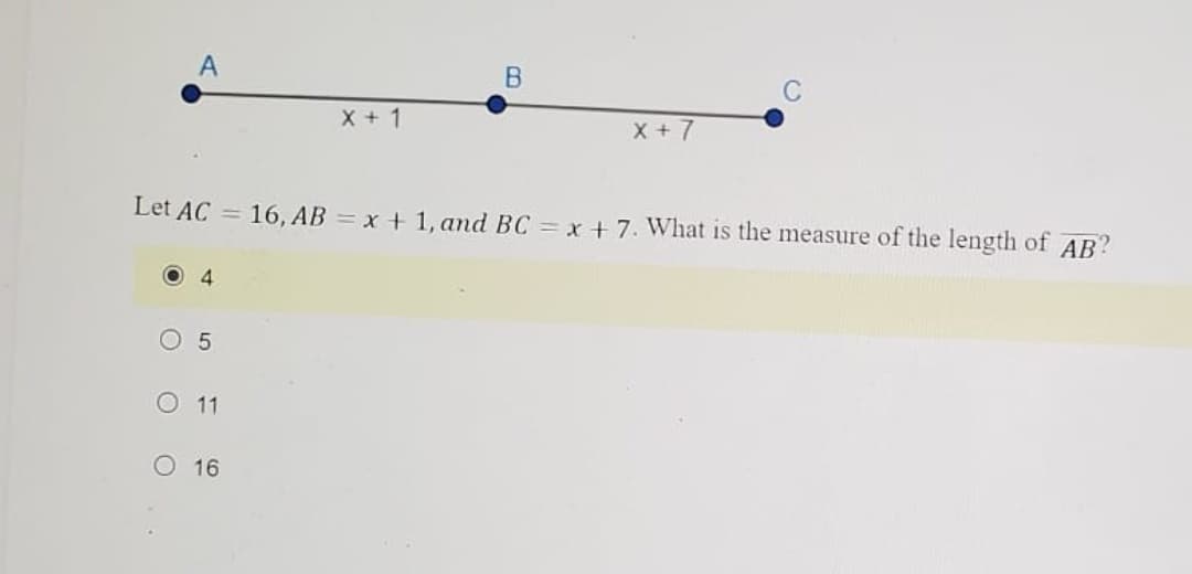 ### Problem Statement:
Given three points \(A\), \(B\), and \(C\) on a line segment, we know the following:
- \(AC = 16\)
- \(AB = x + 1\)
- \(BC = x + 7\)

The problem is to determine the measure of the length of \( \overline{AB} \).

### Diagram:
The diagram shows a straight line segment with:
- Point \(A\) at the left end.
- Point \(B\) somewhere between points \(A\) and \(C\) (closer to \(A\)).
- Point \(C\) at the right end.

Below is the diagram:

\[ A \quad \quad \quad \quad B \quad \quad \quad \quad C \]
\[ \bullet \quad \quad \quad \bullet \quad \quad \quad \bullet \]
\[ \quad x + 1 \quad \quad \quad \quad x + 7 \]

### Equations and Solution:
We know from the problem statement that:
\[ AB + BC = AC \]
Substituting the given lengths:
\[ (x + 1) + (x + 7) = 16 \]
\[ x + 1 + x + 7 = 16 \]
\[ 2x + 8 = 16 \]
Subtracting 8 from both sides:
\[ 2x = 8 \]
Dividing by 2:
\[ x = 4 \]

Now, substituting \(x = 4\) back into \(AB\):
\[ AB = x + 1 = 4 + 1 = 5 \]

### Answer:
\[ \boxed{5} \]

Multiple choice options:
- \(\bullet\) 4
- \( \circ\) 5
- \( \circ\) 11
- \( \circ\) 16

The correct answer is **5**. Thus, the measure of the length of \( \overline{AB} \) is 5 units.