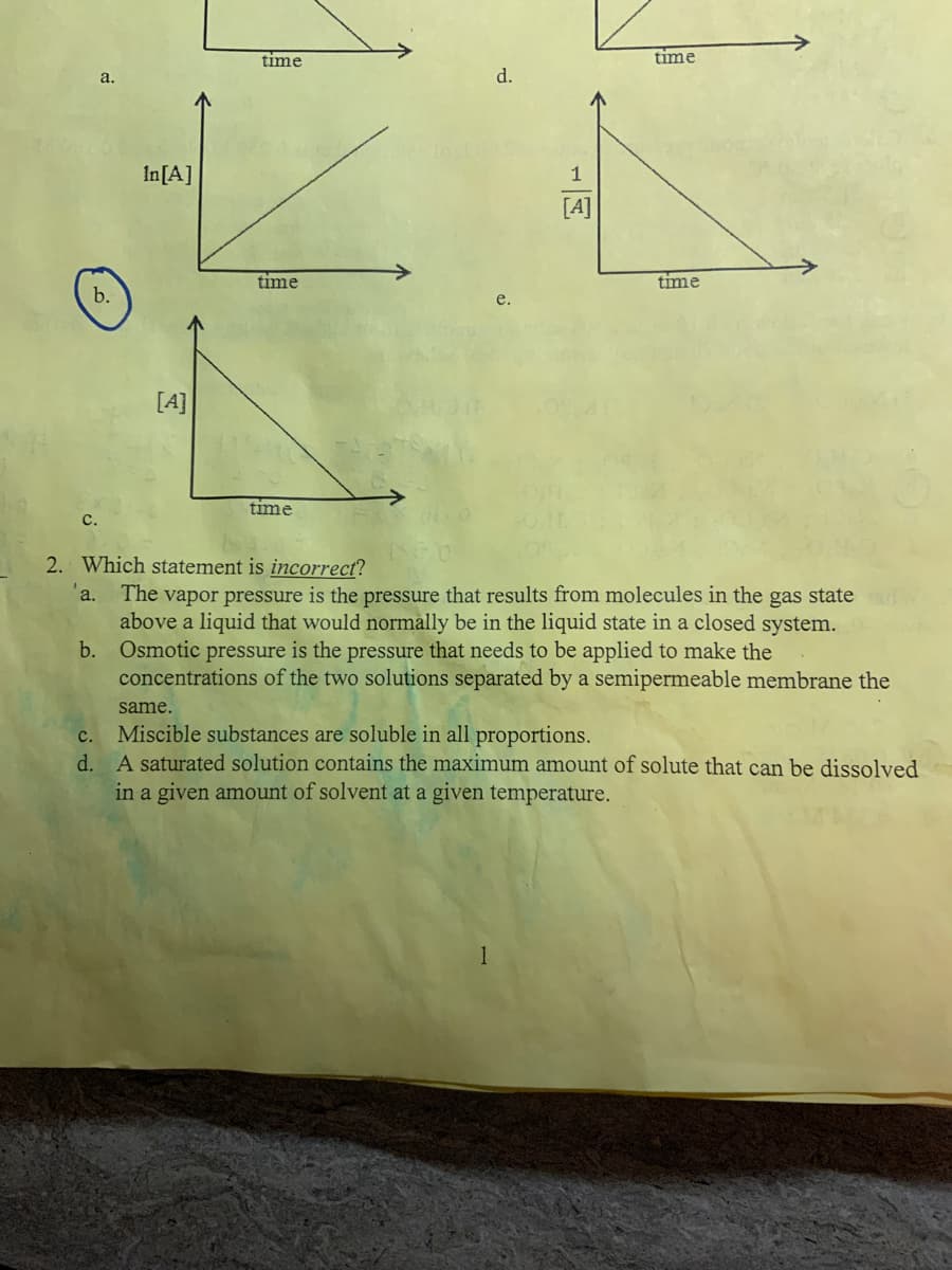 a.
b.
In[A]
[A]
time
time
time
d.
1
[A]
time
time
2. Which statement is incorrect?
a.
The vapor pressure is the pressure that results from molecules in the gas state
above a liquid that would normally be in the liquid state in a closed system.
Osmotic pressure is the pressure that needs to be applied to make the
concentrations of the two solutions separated by a semipermeable membrane the
b.
same.
C. Miscible substances are soluble in all proportions.
d. A saturated solution contains the maximum amount of solute that can be dissolved
in a given amount of solvent at a given temperature.