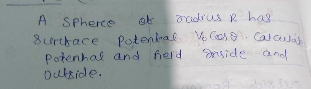 Potenhal Vo Coas o . Calculat
A SPherce
radius R has
Surchace Potenhal Vo Cs. Calculat
Potenhal and held
Oulside.
Sonside and
