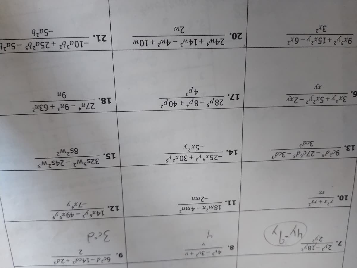 6c'd-14cd? +2d3
9.
2y-18y
23
7.
8.
2.
p's+ rs?
10.
18m'n- 4mn?
11.
14x y-49xy
12.
-2mn
S.A
-25x'y + 30x²y
-5x'y
32s w? - 24s?w?
15.
8s?w?
9c d -27c d³ - 3cd
14.
3.
3x'y+5x'y² -2xy
28p - 8p* +40p²
4p'
27n* - 9n² + 63n?
18.
6.
17.
9n
9x y +15x'y-6x
20.
24w +14w3 - 4w² +10w
-10a'b? + 25a*bs – 5a²b
21.
3x
-5a'b
2w
