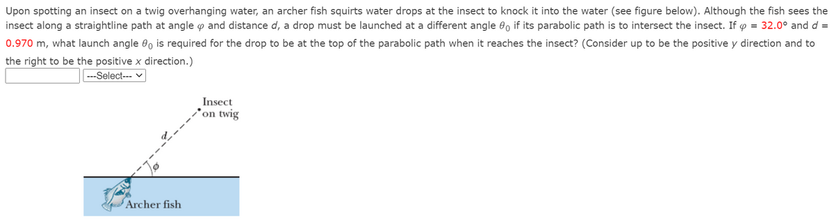 Upon spotting an insect on a twig overhanging water, an archer fish squirts water drops at the insect to knock it into the water (see figure below). Although the fish sees the
insect along a straightline path at angle o and distance d, a drop must be launched at a different angle , if its parabolic path is to intersect the insect. If o = 32.0° and d =
0.970 m, what launch angle 0, is required for the drop to be at the top of the parabolic path when it reaches the insect? (Consider up to be the positive y direction and to
the right to be the positive x direction.)
---Select--- v
Insect
on twig
Archer fish
